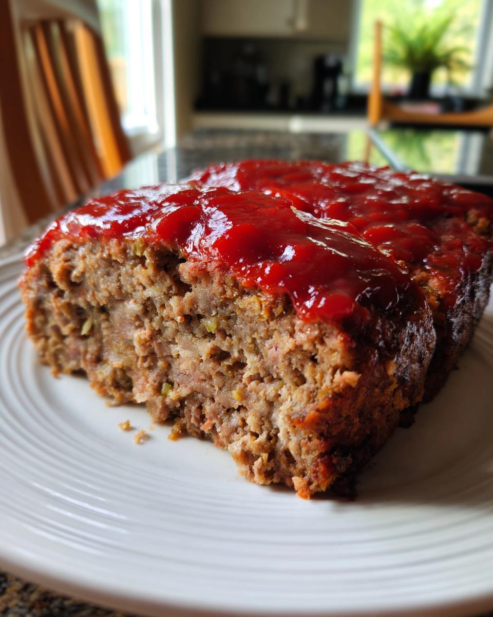 Close-up of a thick slice of juicy meatloaf topped with a bright red ketchup glaze, served on a white plate.