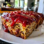 Close-up of two thick slices of juicy meatloaf topped with a bright red, glossy glaze.