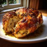 A perfectly cooked roasted chicken, cut open to show moist white meat, resting in pan juices.