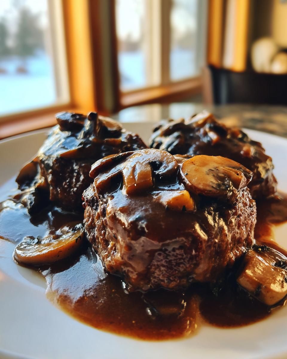 Three servings of juicy Salisbury steak smothered in rich brown mushroom gravy on a white plate.