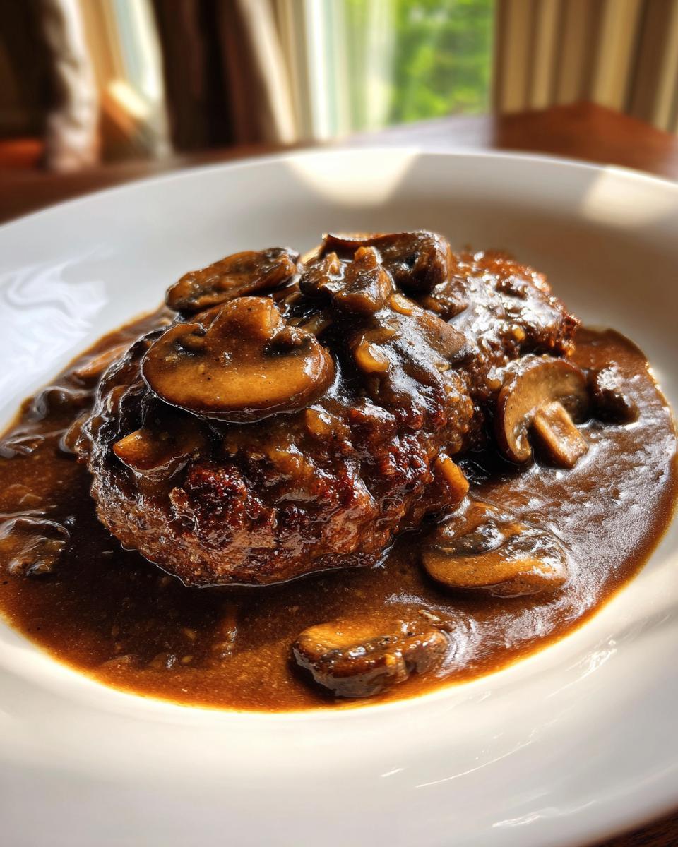 A close-up of juicy Salisbury steak smothered in rich brown mushroom gravy.