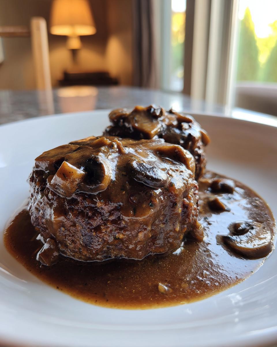 Close-up of two perfectly cooked Salisbury steak patties smothered in thick mushroom gravy on a white plate.