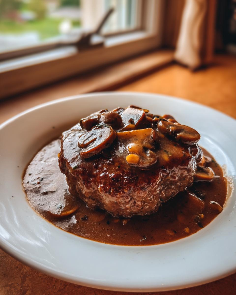 A perfectly seared Salisbury steak smothered in rich mushroom gravy, served on a white plate.