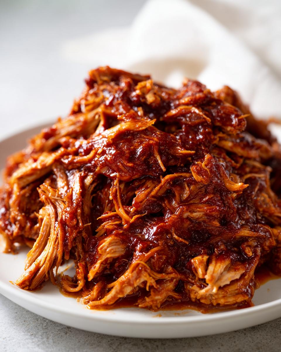 Close-up of a mound of juicy shredded bbq chicken coated in rich, dark sauce served on a white plate.