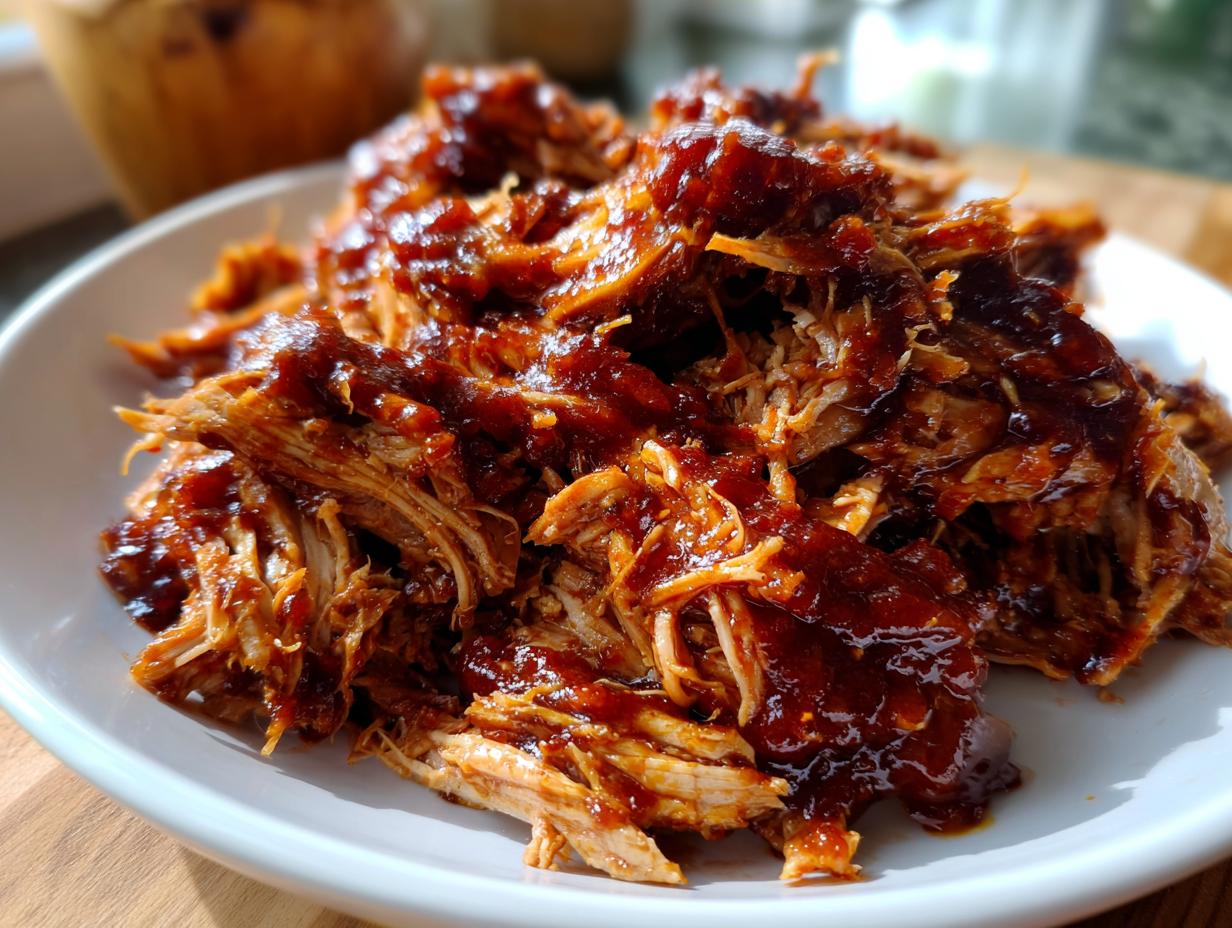 Close-up of juicy shredded bbq chicken smothered in rich, dark barbecue sauce served on a white plate.