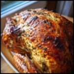 Close-up of a beautifully roasted turkey with glossy, golden-brown skin seasoned with herbs.