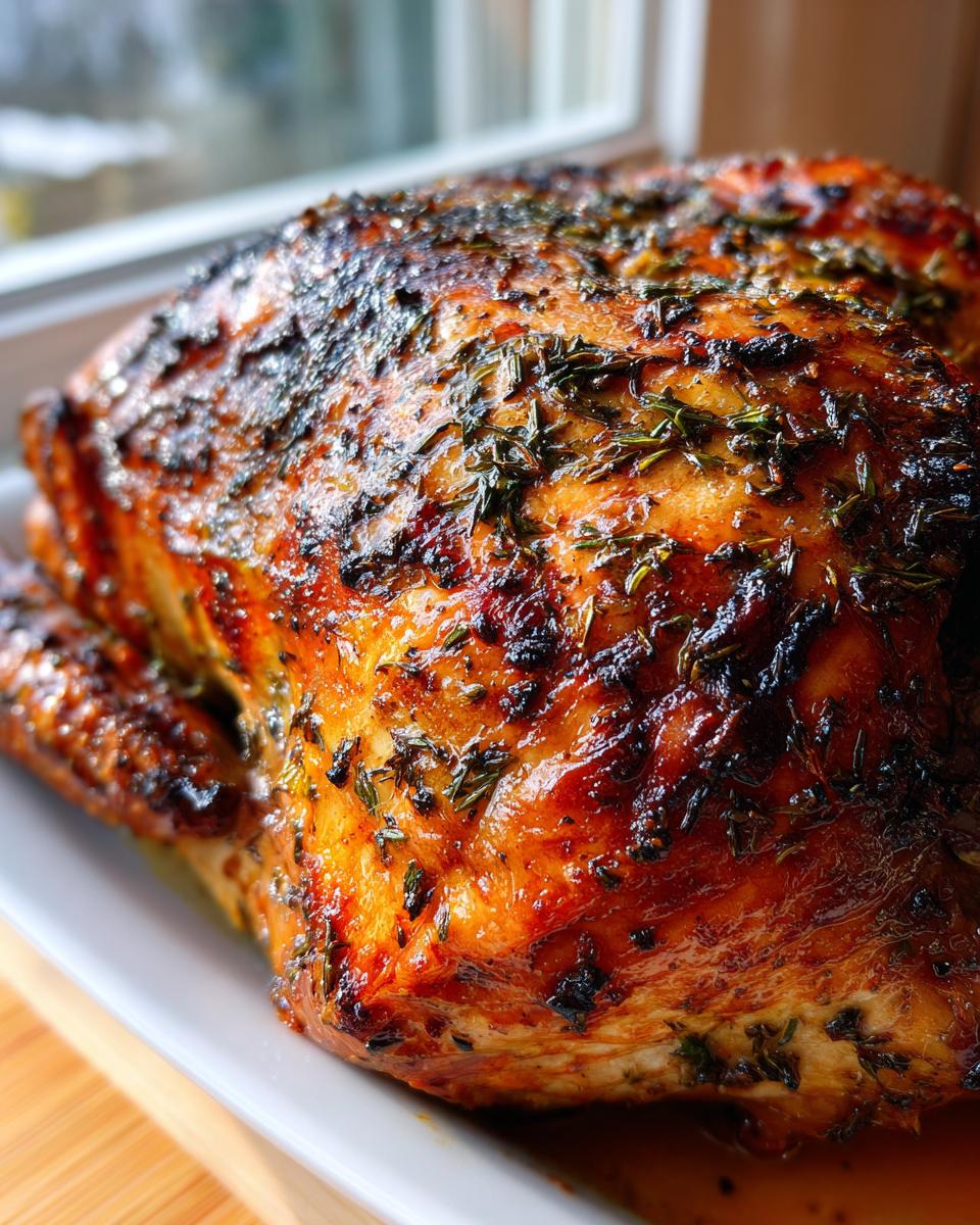 Close-up of a beautifully roasted turkey with crispy, golden-brown skin covered in dark herbs.