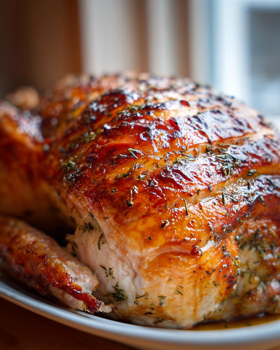 Close-up of a perfectly roasted turkey with glistening, golden-brown, herb-rubbed skin.