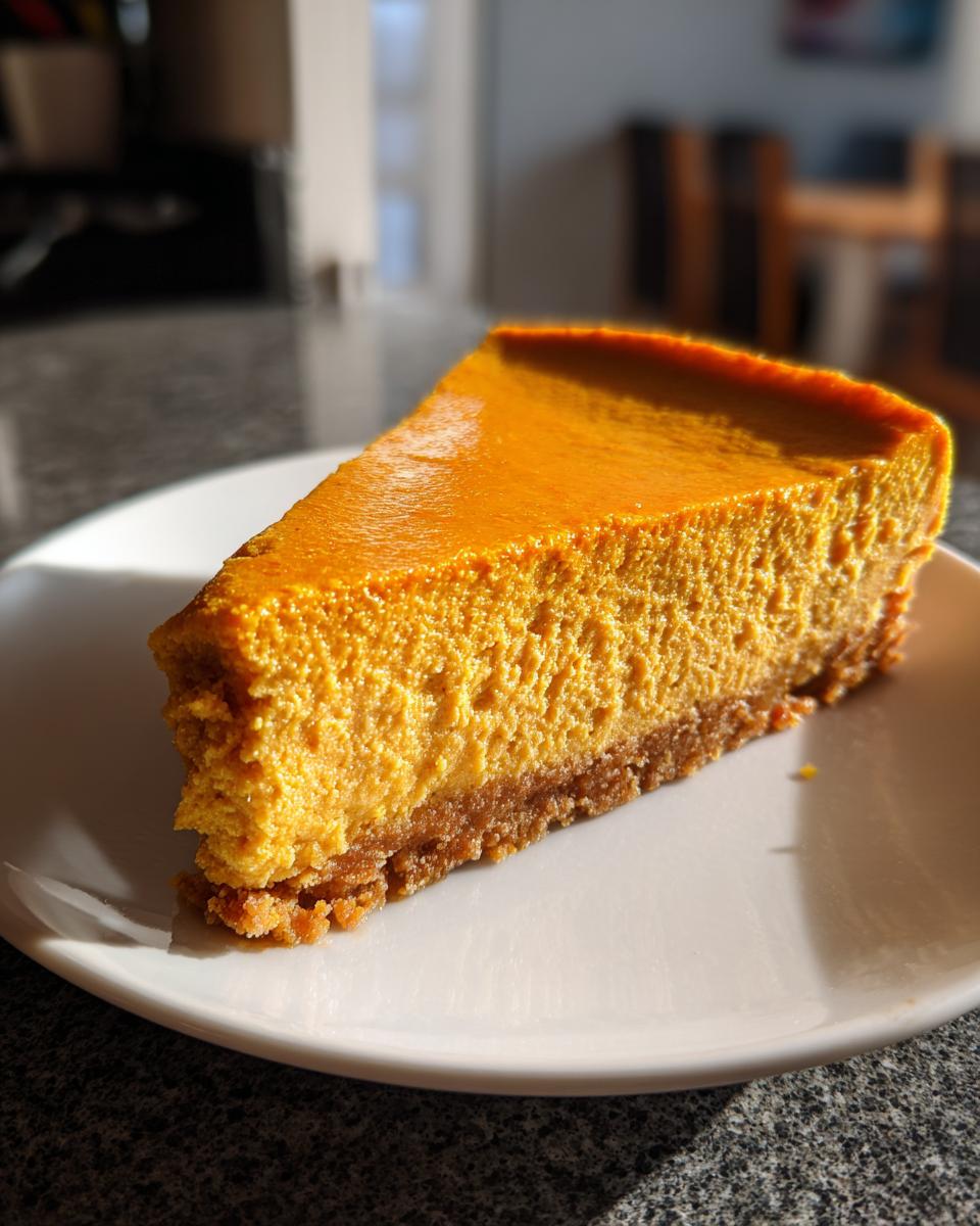A close-up view of a single slice of rich, orange keto pumpkin cheesecake on a white plate.