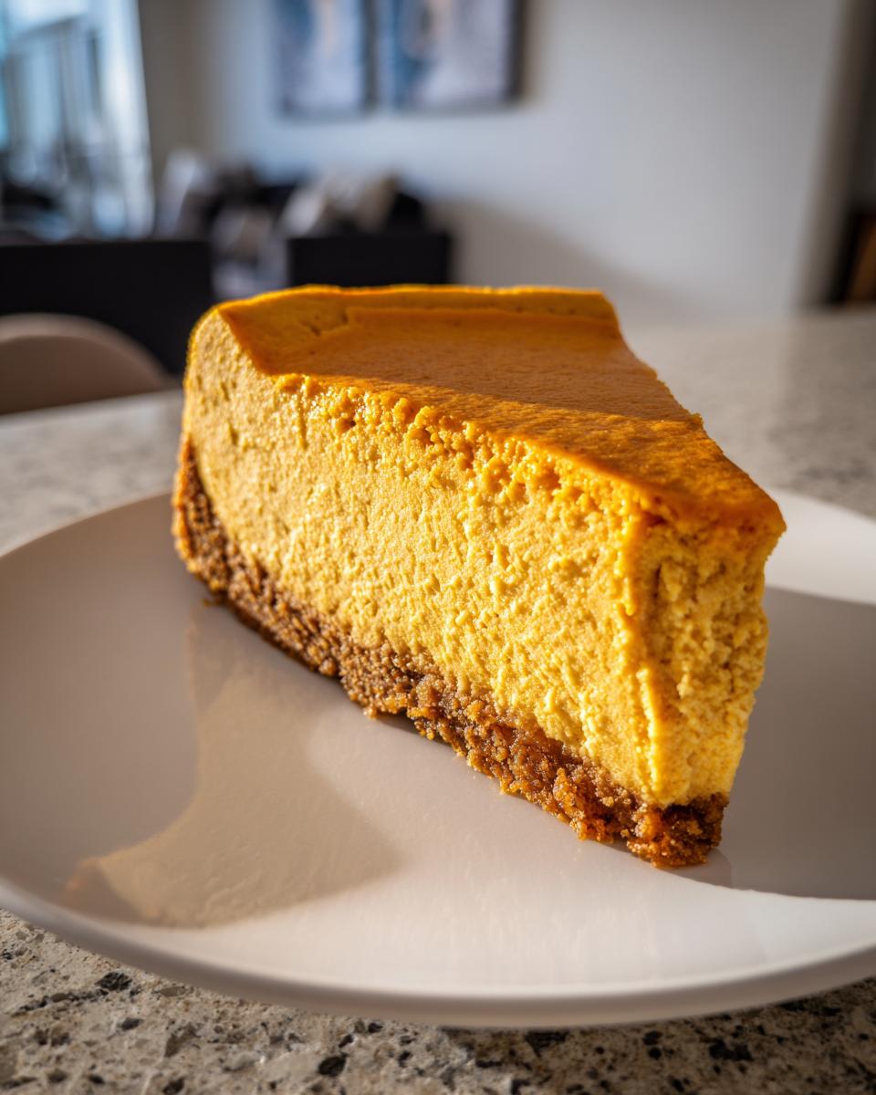 A thick, bright orange slice of keto pumpkin cheesecake with a dark crust resting on a white plate.