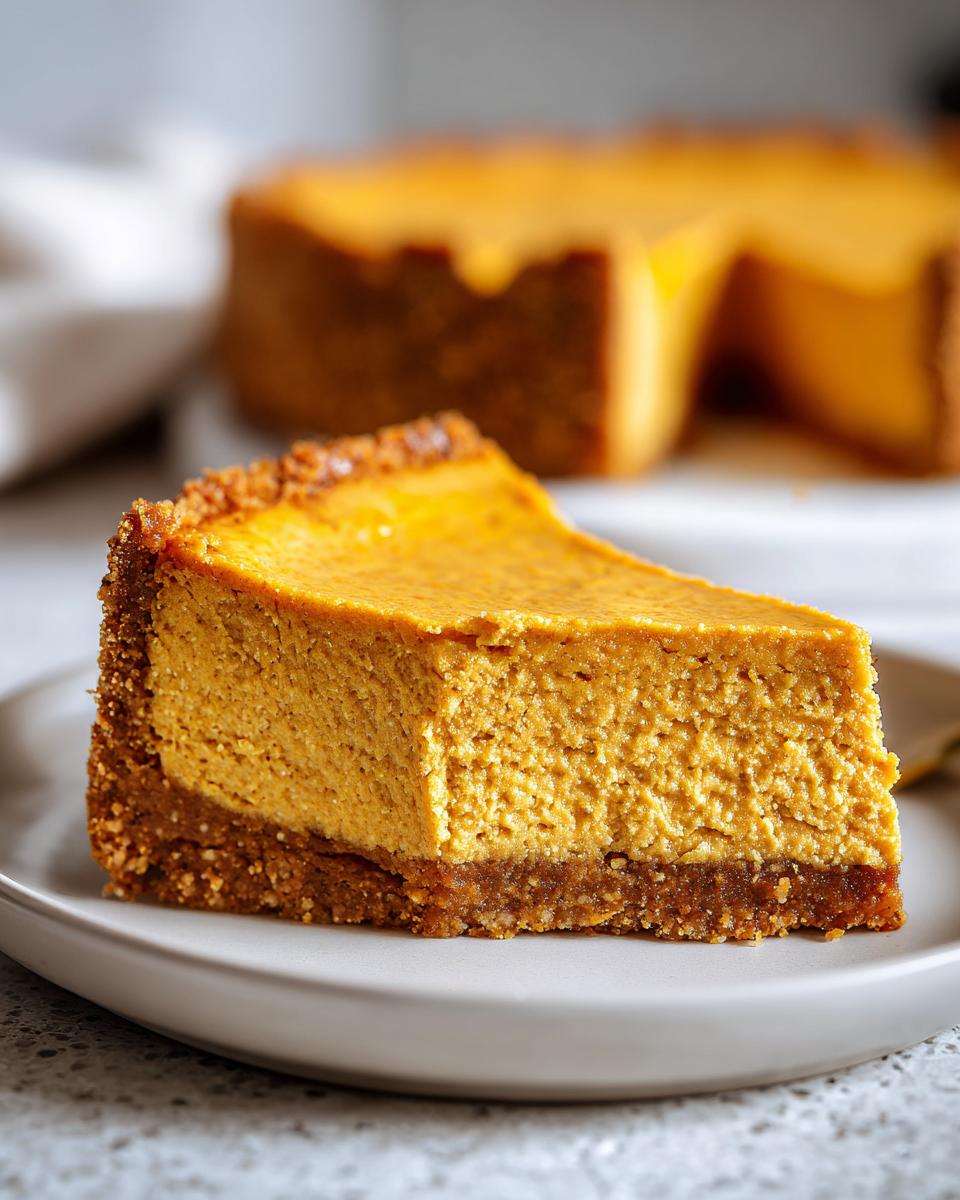 A close-up of a thick slice of keto pumpkin cheesecake with a graham cracker crust on a light plate.