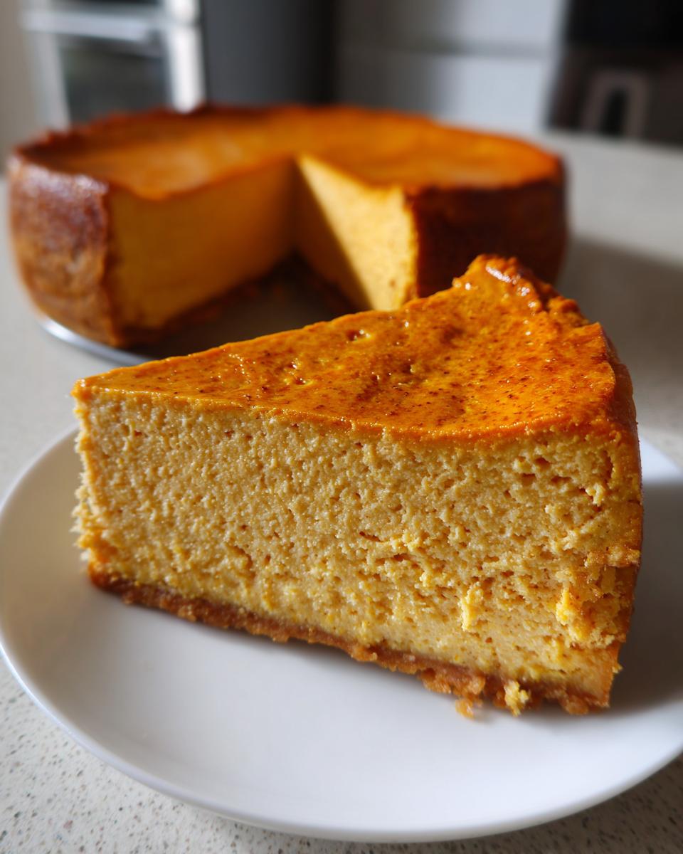 A thick, creamy slice of keto pumpkin cheesecake on a white plate, with the rest of the cake blurred in the background.