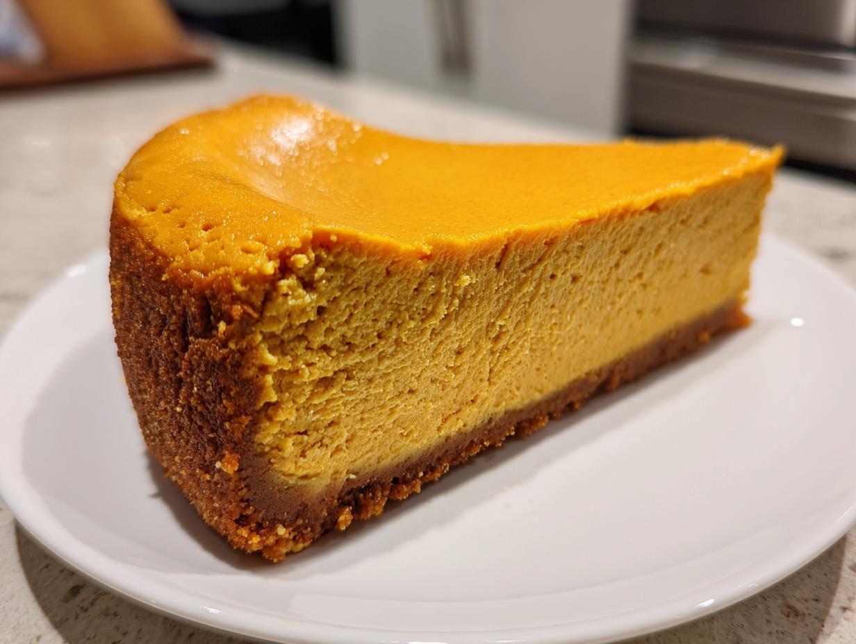 A thick, vibrant orange slice of keto pumpkin cheesecake with a dark crust, served on a white plate.