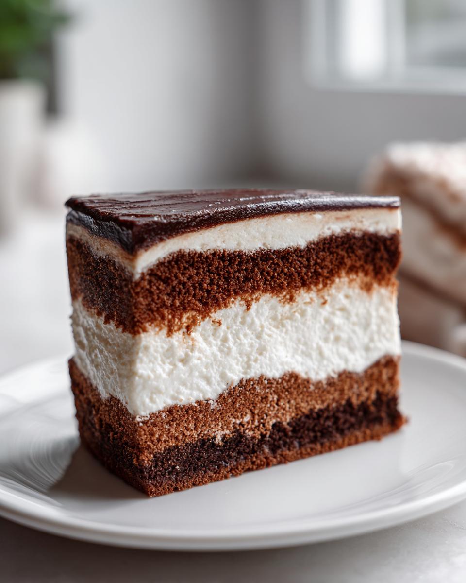 A perfectly cut slice of layered italian love cake featuring chocolate sponge and white cream filling, topped with dark chocolate ganache.