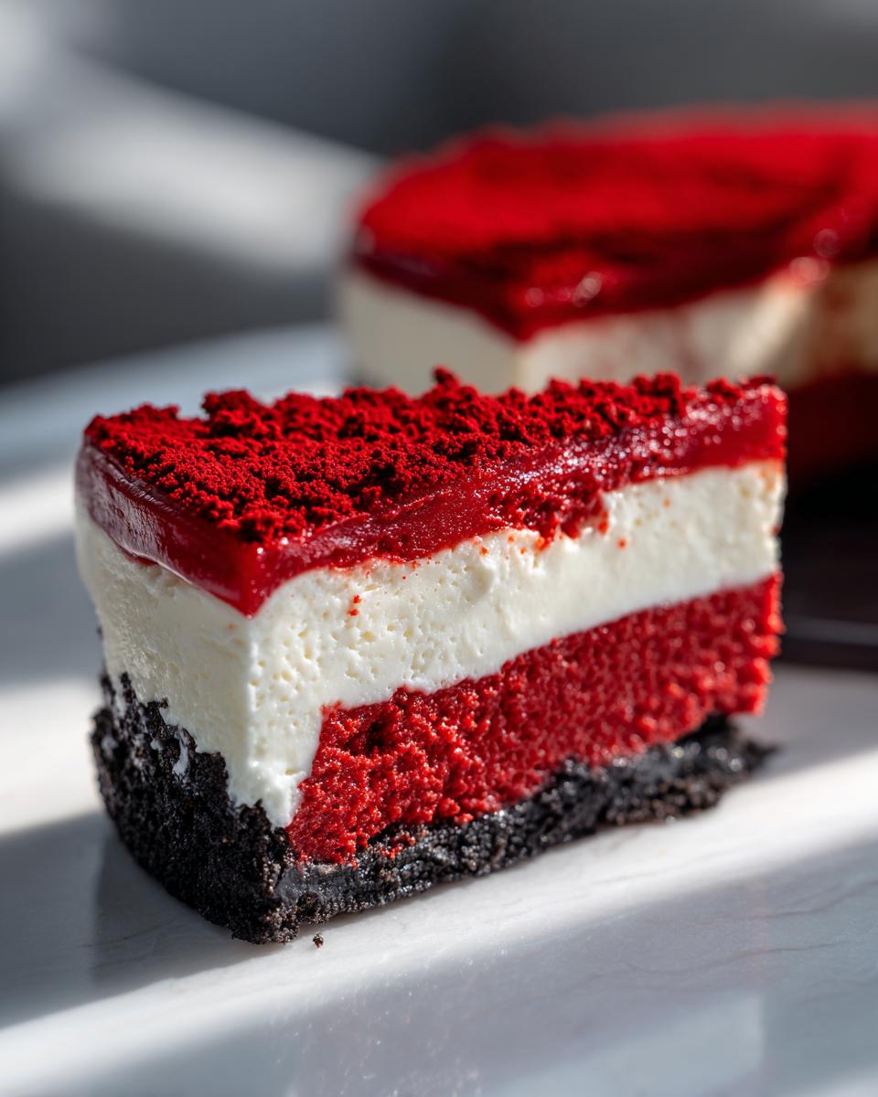 A decadent slice of red velvet cheesecake showing distinct layers: dark crust, bright red cake, white cream cheese layer, and red topping.