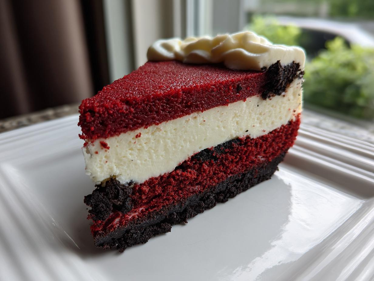 A decadent slice of red velvet cheesecake showing distinct layers of red cake, white cheesecake, and a dark crust, topped with cream cheese dollops.