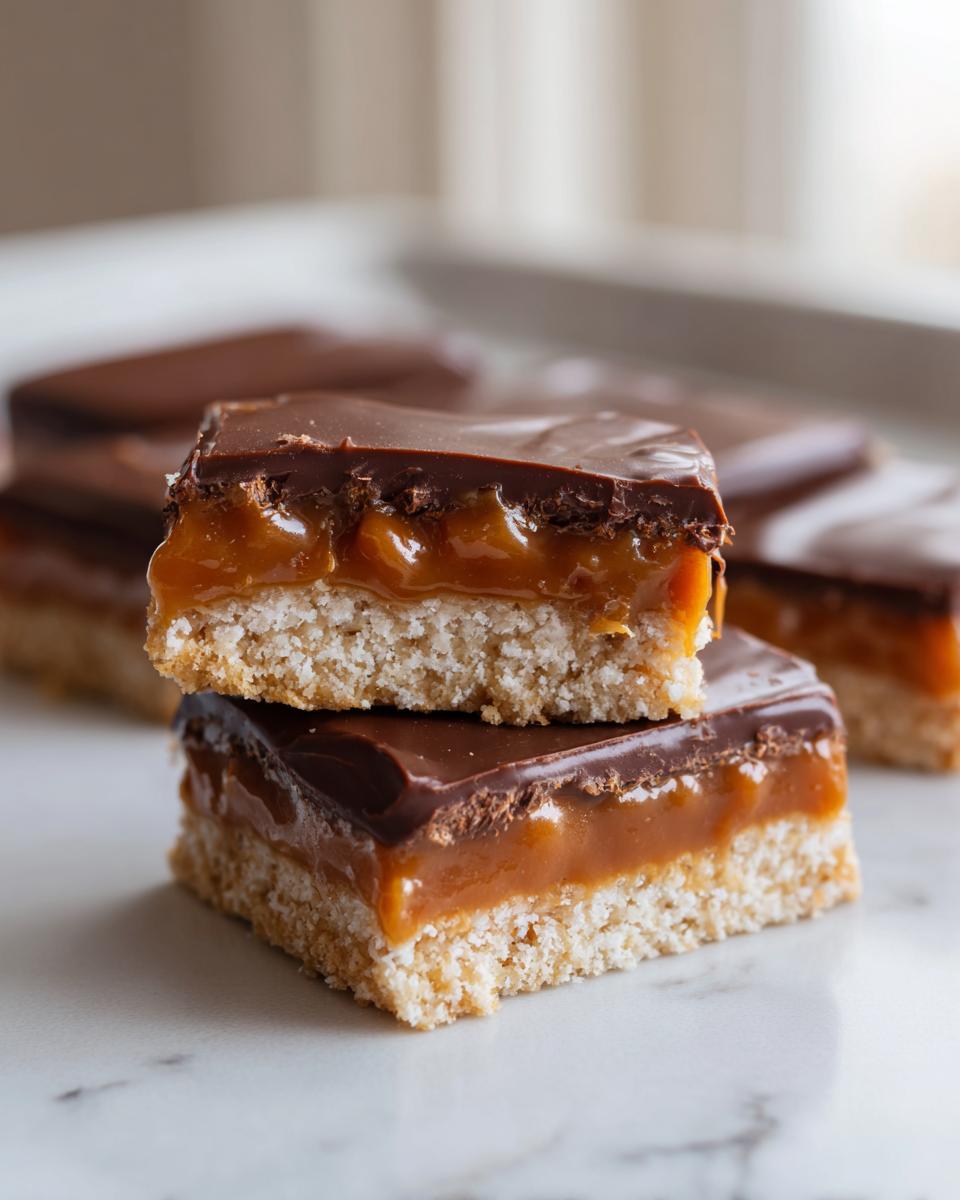 Two stacked homemade twix bars showing the shortbread base, gooey caramel, and chocolate topping.