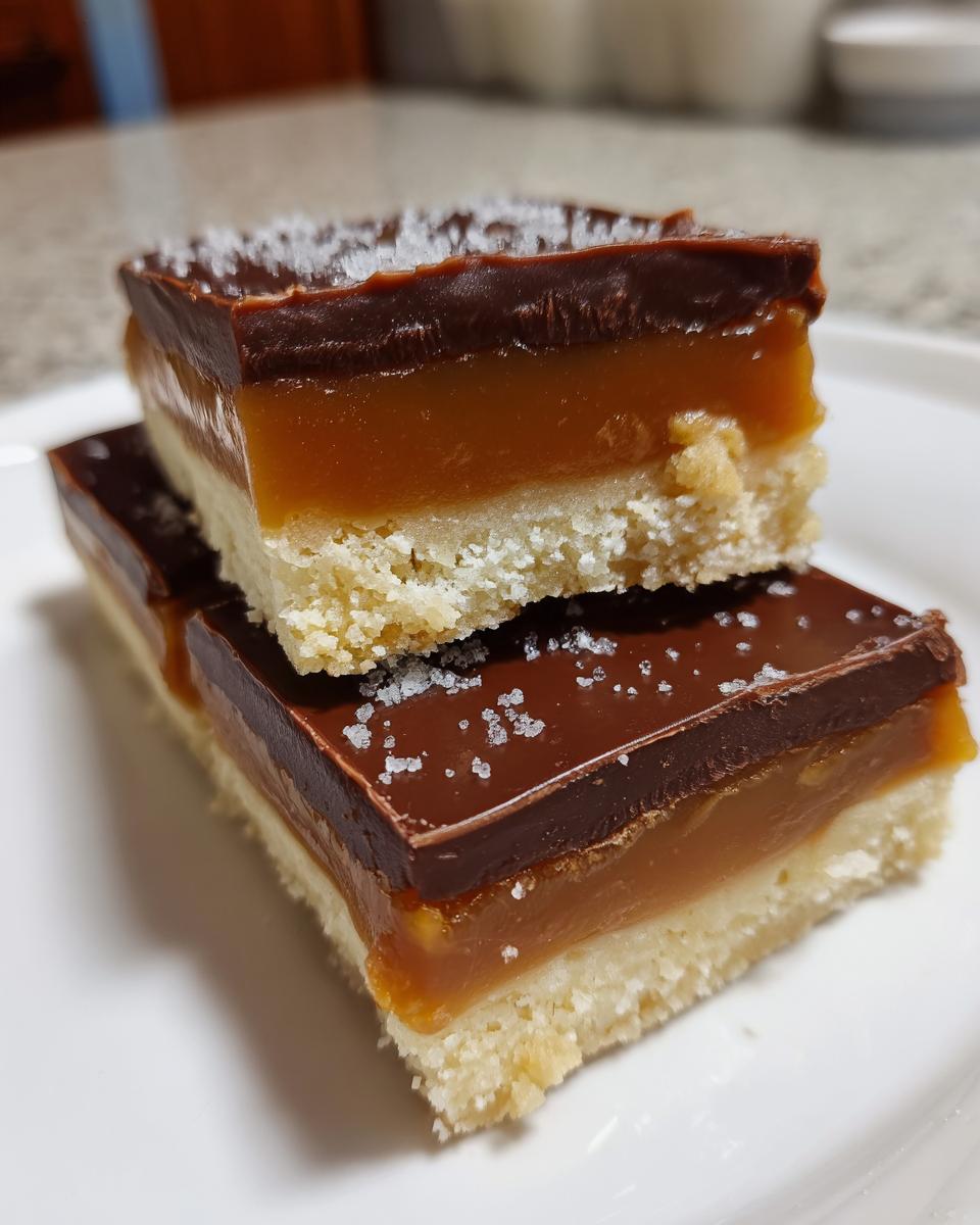 Two stacked squares of homemade twix bars showing shortbread, caramel, chocolate, and sea salt topping.