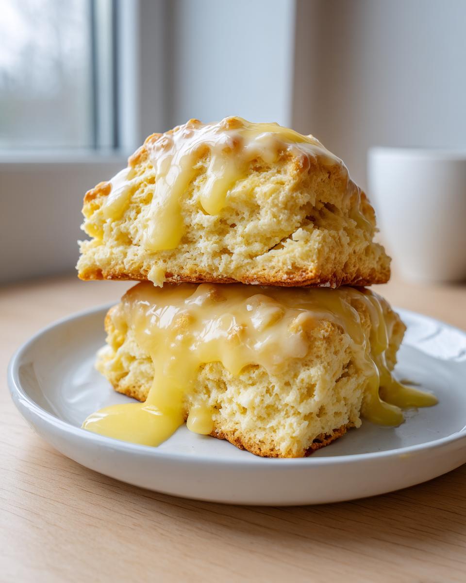 Two fluffy lemon scones stacked on a white plate, dripping with thick, pale yellow lemon glaze.