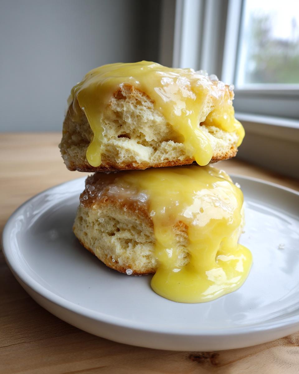 Two stacked, fluffy lemon scones generously topped with bright yellow lemon glaze and coarse sugar.