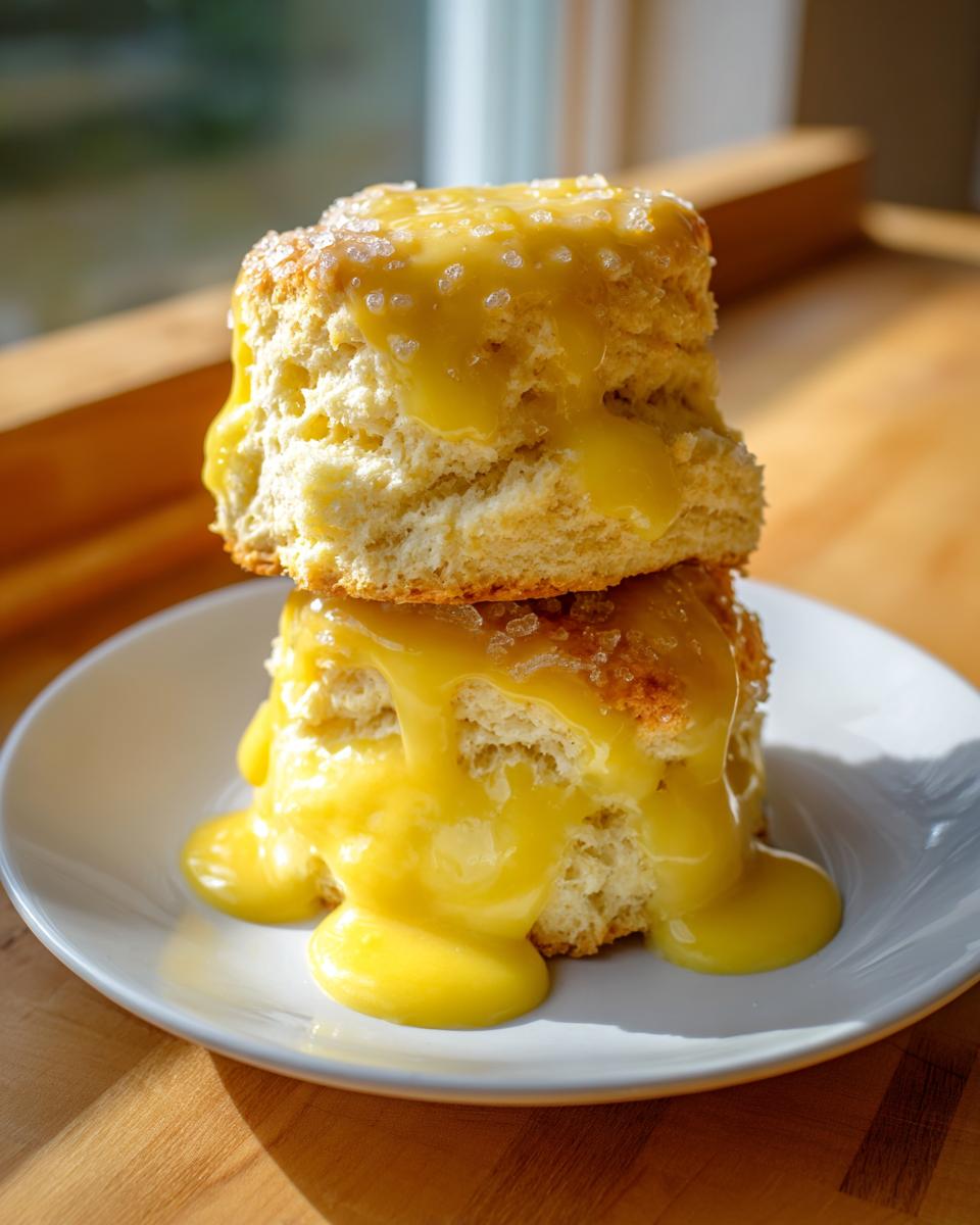 Two stacked, fluffy lemon scones generously covered in bright yellow lemon glaze and coarse sugar.