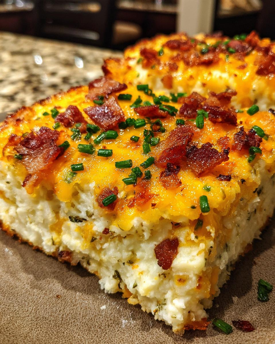 Close-up of a rich potato casserole slice topped with melted cheddar, crispy bacon bits, and fresh green chives.