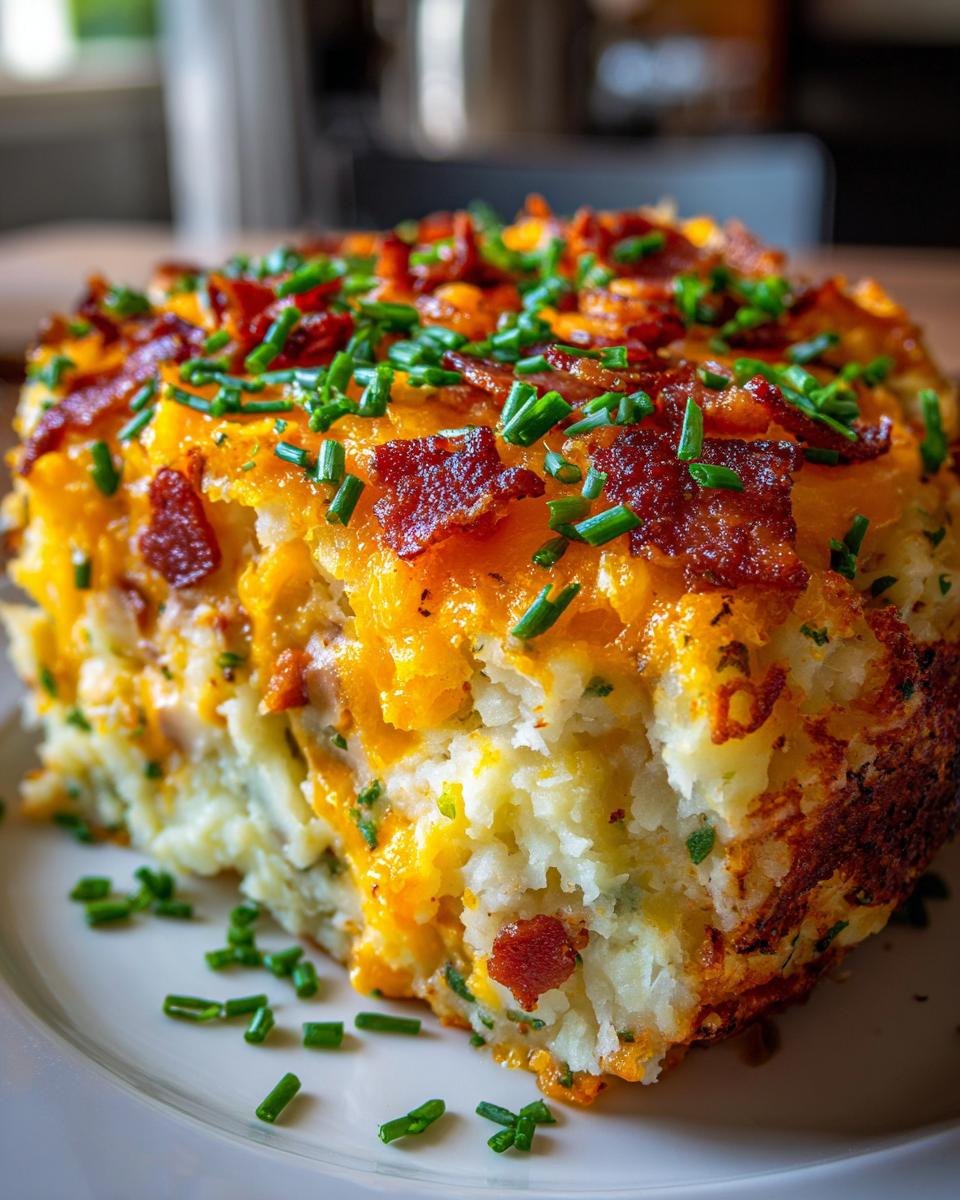 A close-up of a hearty slice of loaded potato casserole topped with melted cheddar, crispy bacon, and fresh chives.