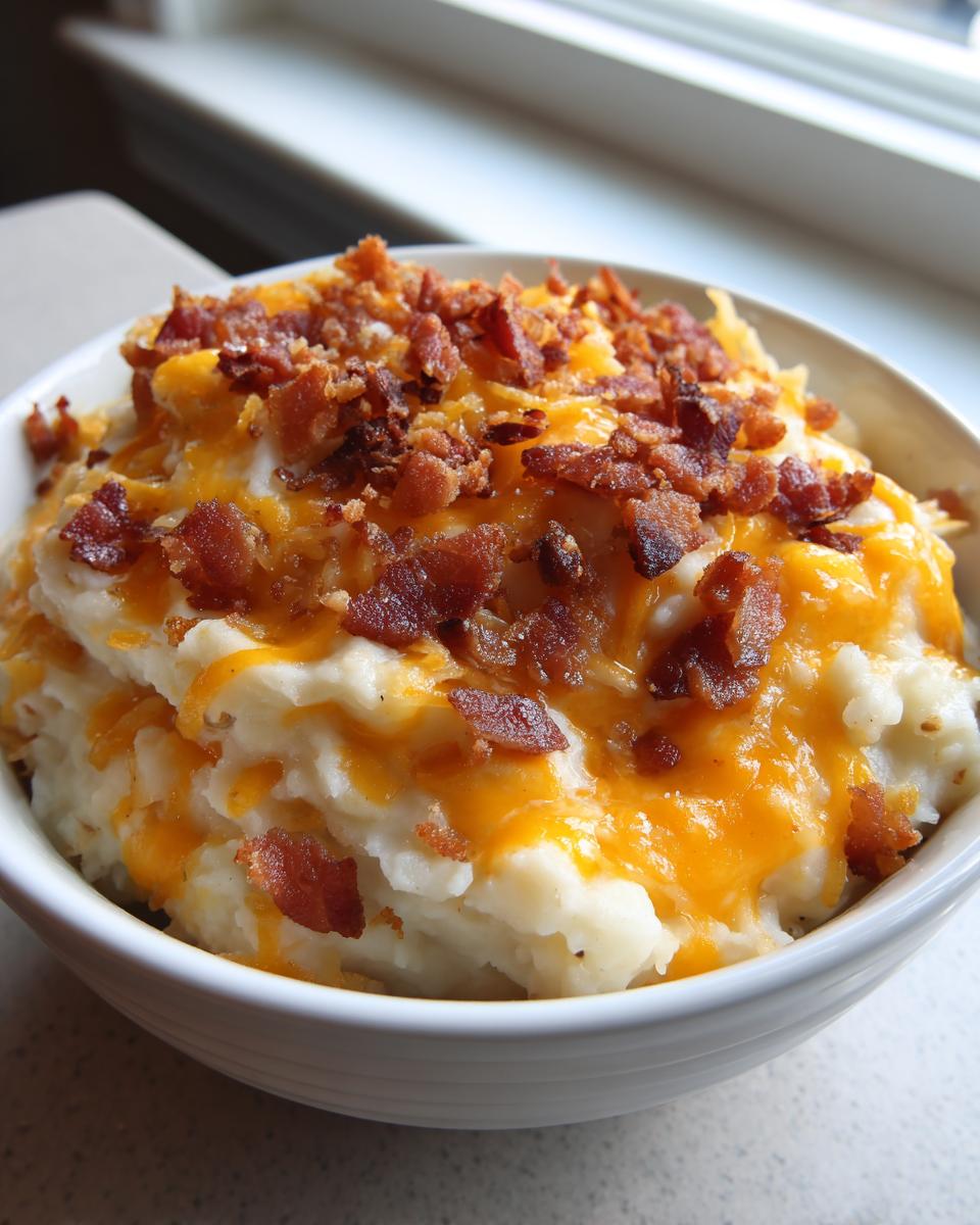 A bowl of creamy potato dish topped with melted cheddar cheese and crispy bacon bits, reminiscent of easy crockpot potato soup.