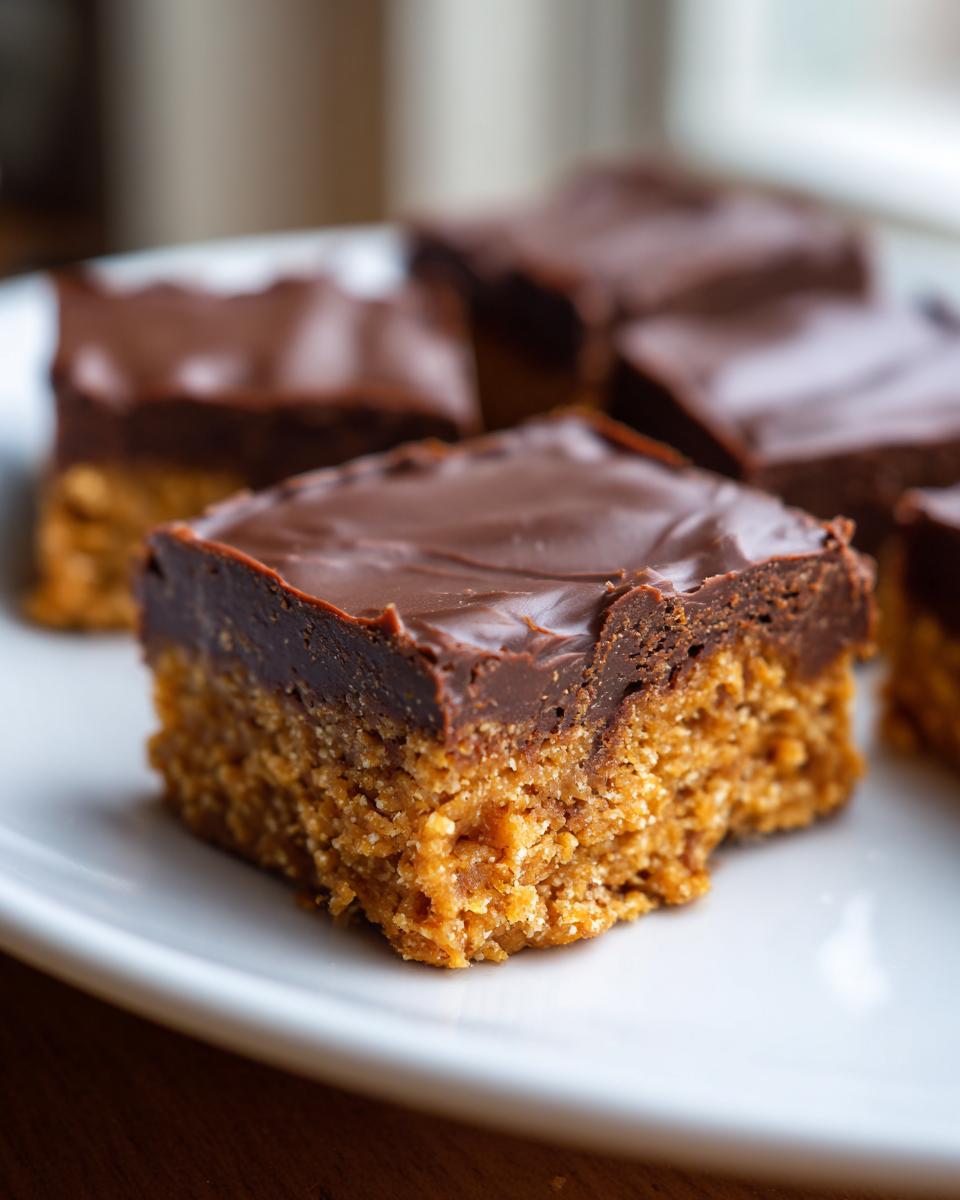 A close-up of a square of lunch lady peanut butter bars featuring a thick peanut butter base and a rich chocolate topping.