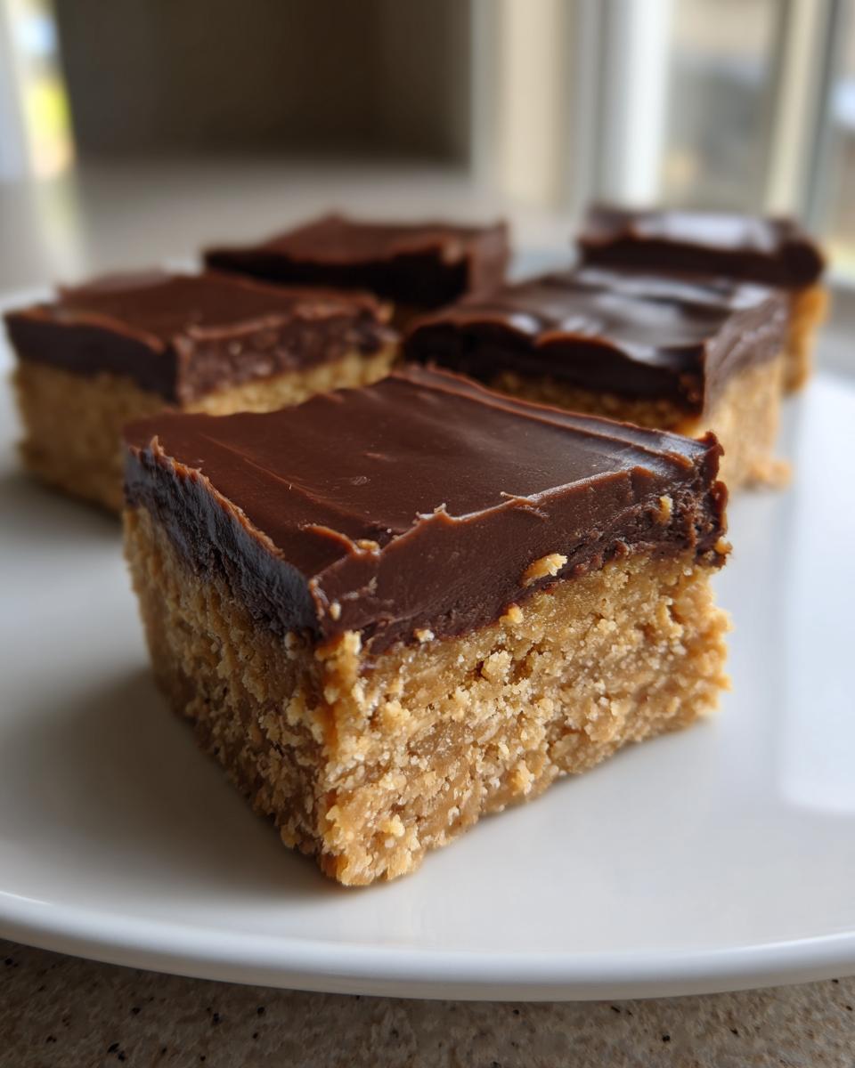 A close-up of a square lunch lady peanut butter bars piece showing the thick peanut butter base and chocolate topping.