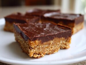 A close-up shot of a square portion of lunch lady peanut butter bars showing the crumbly base, peanut butter layer, and thick chocolate topping.