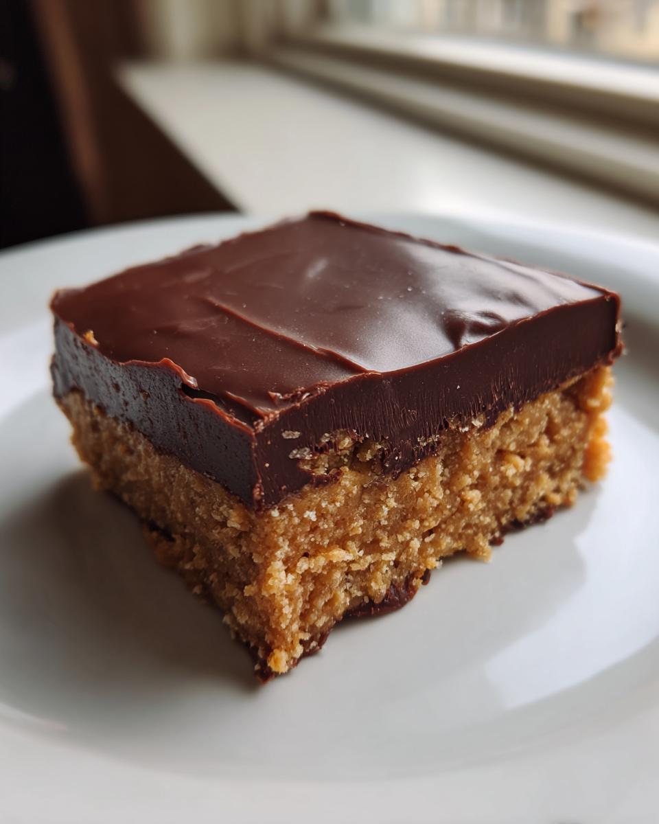 Close-up of a single square of lunch lady peanut butter bars with a thick chocolate topping on a white plate.