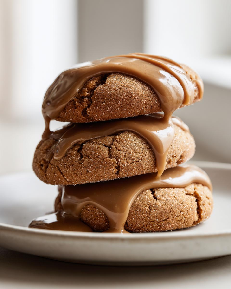 Three soft maple cookies stacked high and generously drizzled with thick, rich maple glaze.