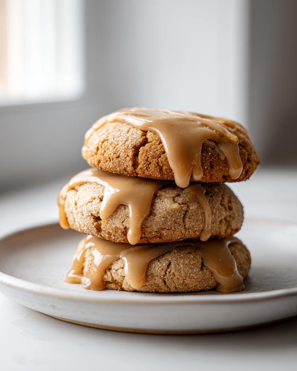 Three soft maple cookies stacked on a plate, generously topped with a thick, dripping maple glaze.