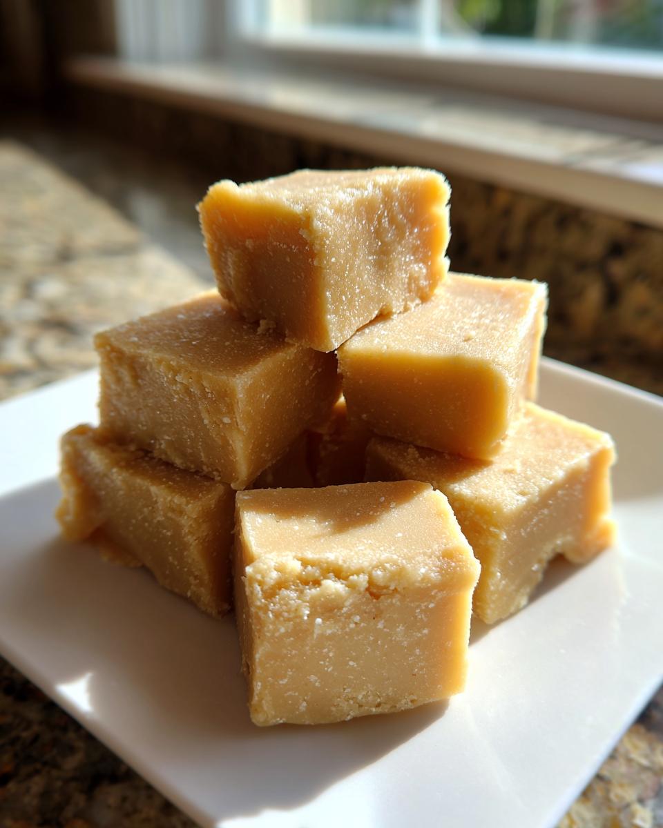 A stack of rich, light brown squares of homemade maple fudge sitting on a white plate.