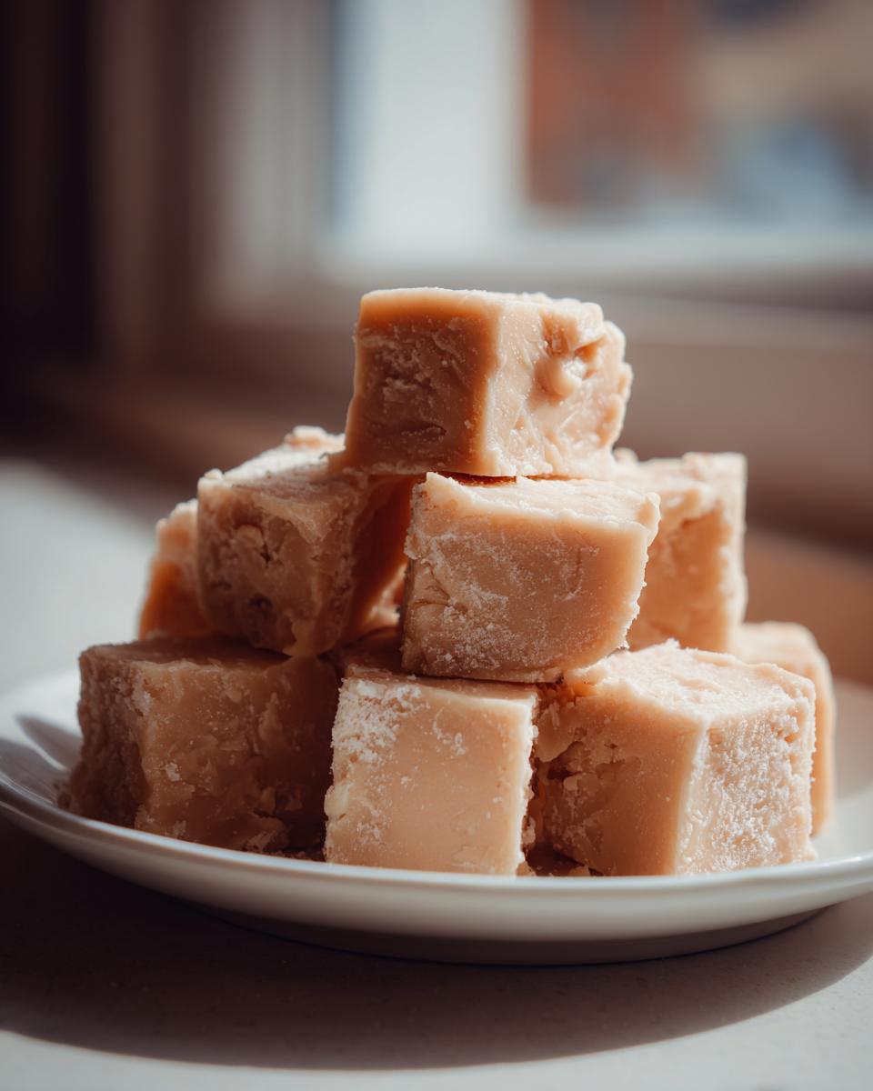 A close-up stack of light brown, creamy maple fudge squares resting on a white plate near a window.
