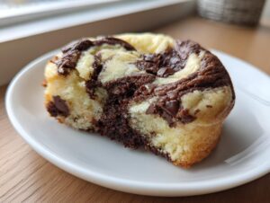 A close-up of a single, marbled chocolate chip cheesecake cookie showing swirls of vanilla and chocolate batter with visible chocolate chips.