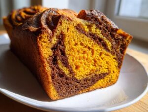 Close-up of a marbled pumpkin sourdough loaf showing bright orange pumpkin and dark chocolate swirls.
