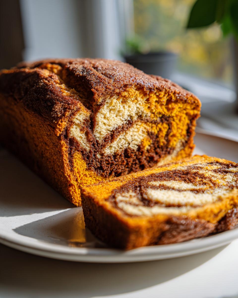 A marbled pumpkin sourdough loaf, partially sliced, showing swirls of orange, white, and dark batter, topped with cinnamon sugar.