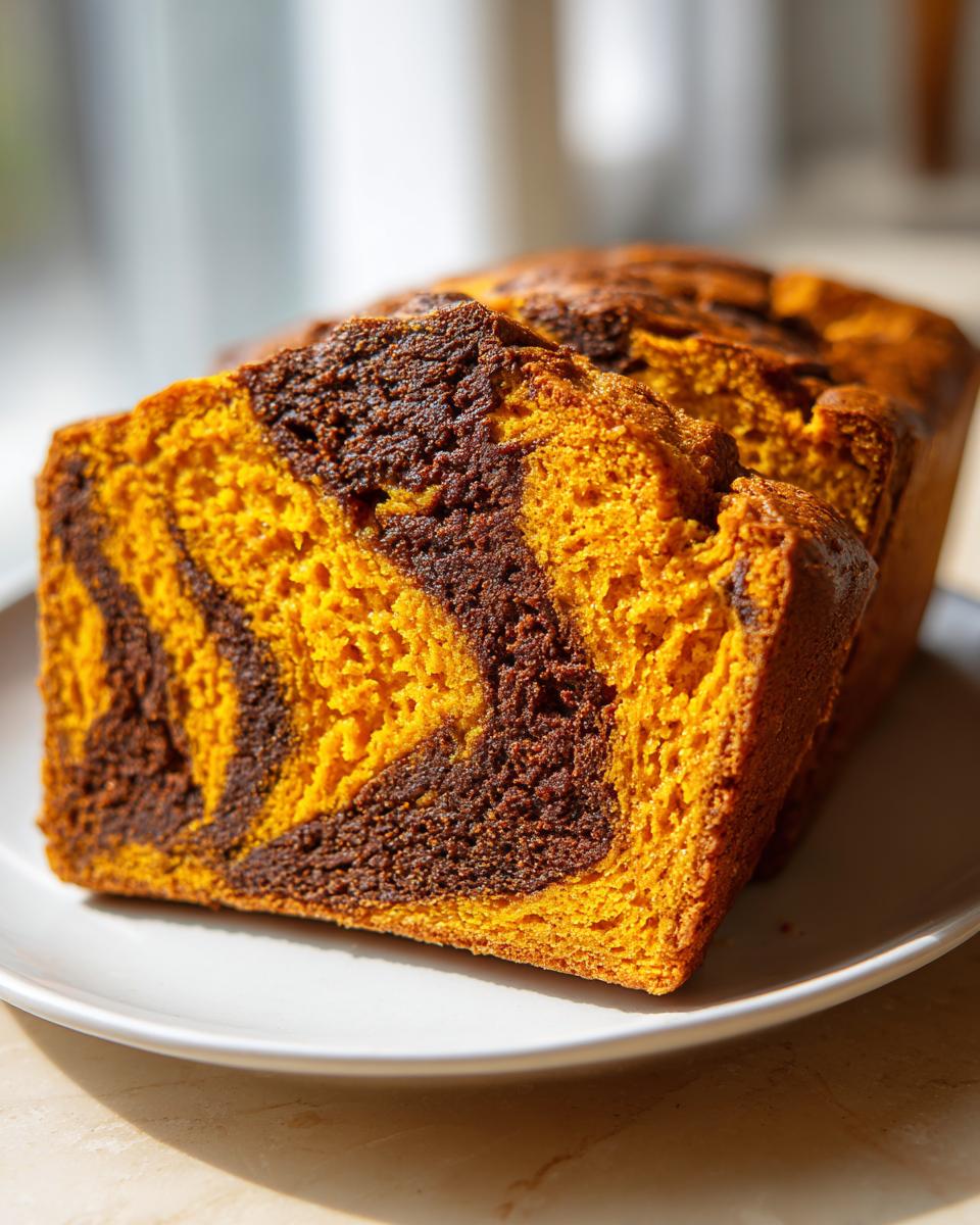 Close-up of sliced pumpkin sourdough bread featuring a vibrant orange pumpkin swirl mixed with dark chocolate batter.