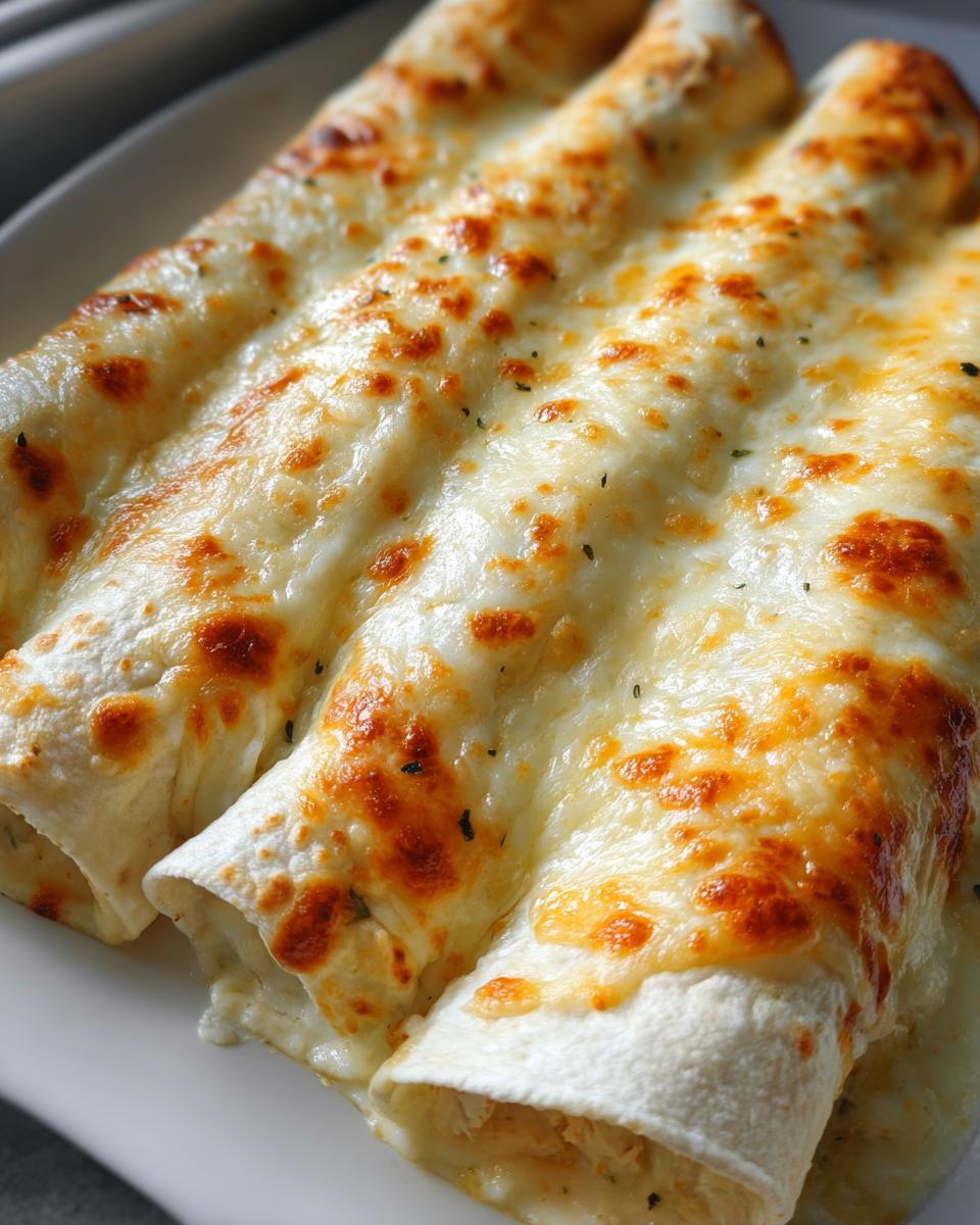 Close-up of three baked white chicken enchiladas covered in bubbly, melted, and slightly browned cheese.