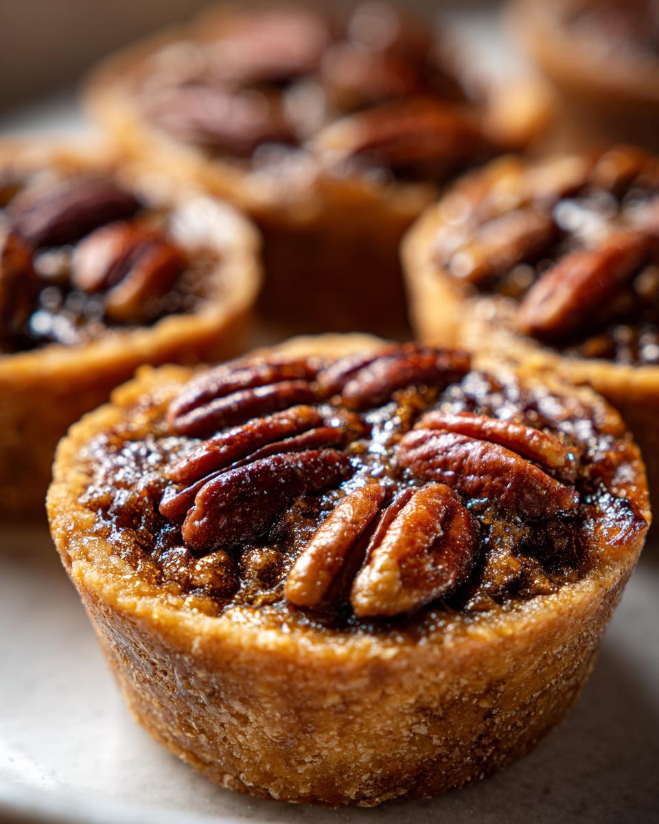 A close-up, macro shot of one of the finished mini pecan pies, showing the gooey filling and pecan topping.