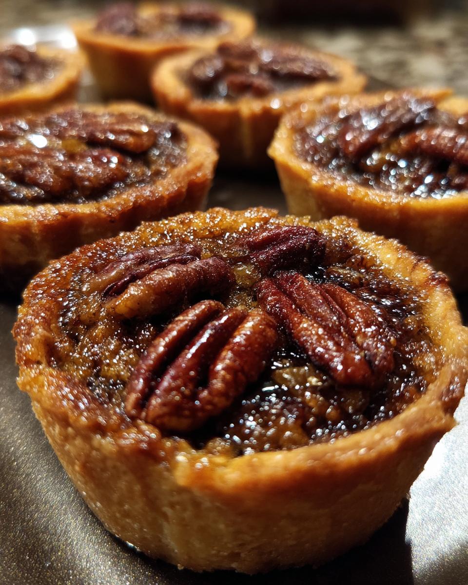 A close-up, shallow depth of field photo showing several freshly baked mini pecan pies with a glossy, caramelized filling and whole pecan halves on top.