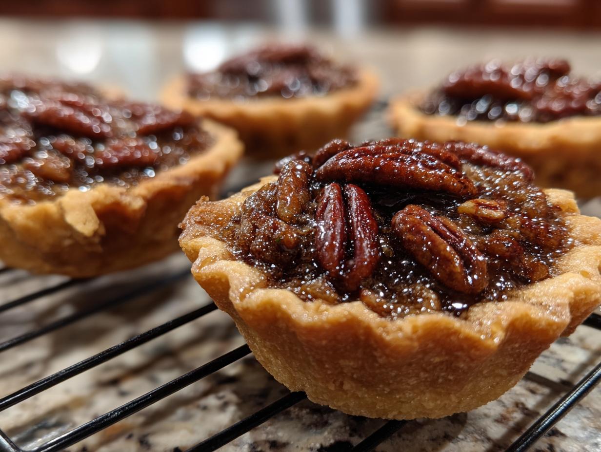 A close-up, low-angle shot of freshly baked mini pecan pies cooling on a black wire rack.