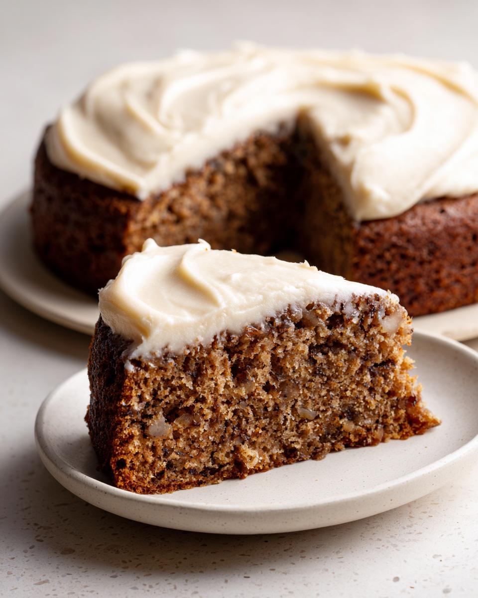 A close-up slice of moist applesauce cake topped with thick, creamy frosting, with the rest of the cake in the background.