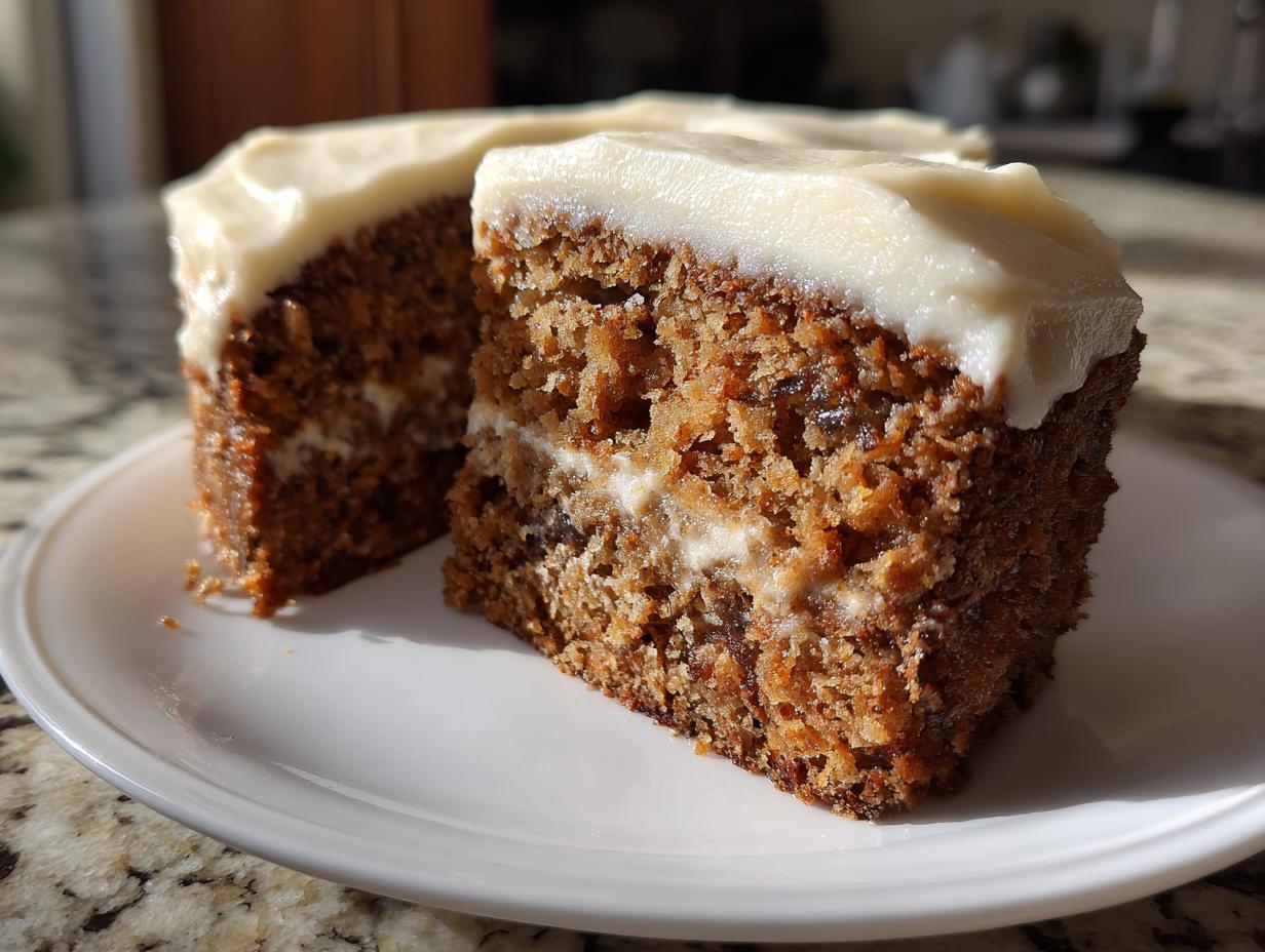 Two slices of moist applesauce cake with thick cream cheese frosting sitting on a white plate.
