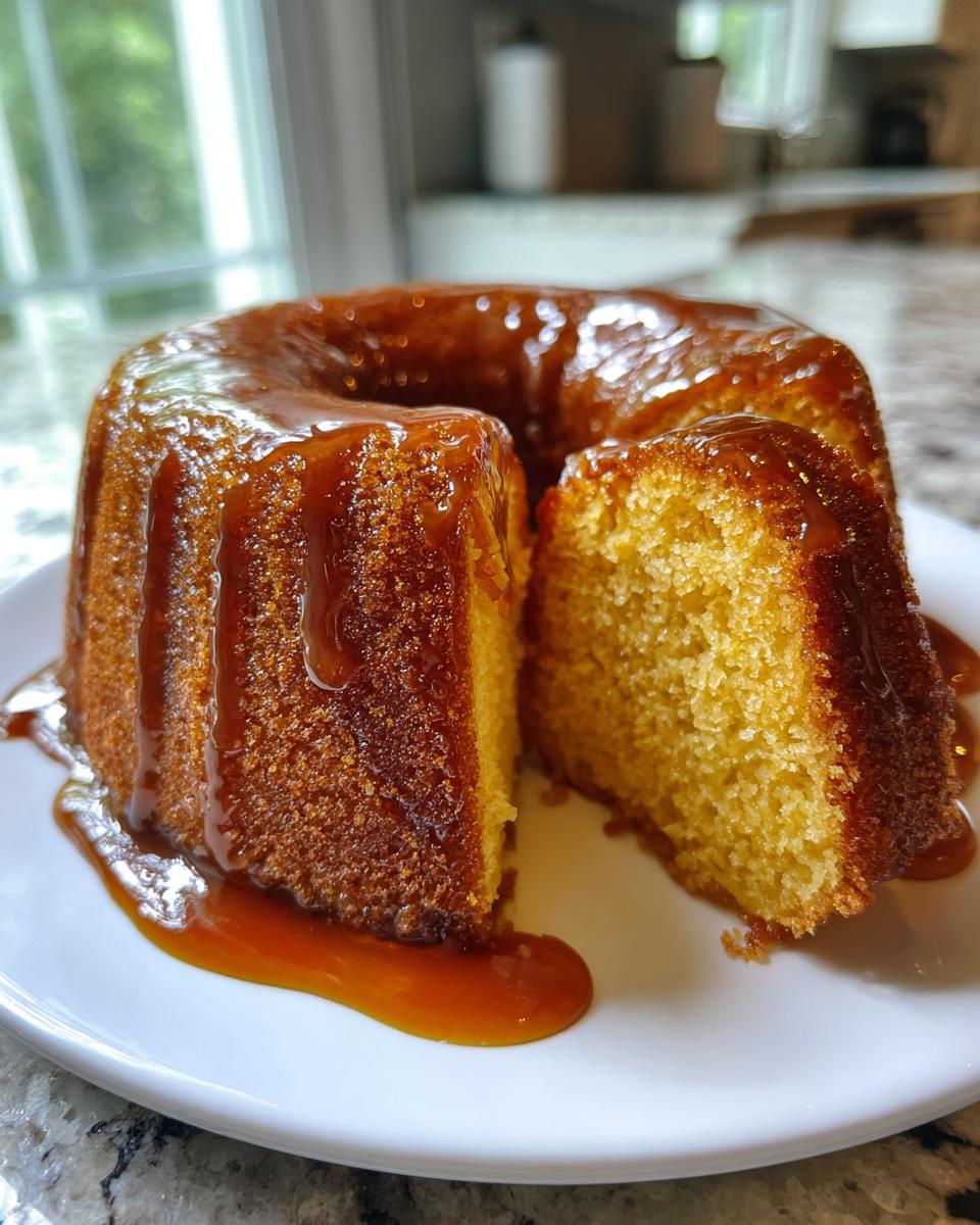 A slice cut from a moist Bacardi Rum Cake drizzled heavily with a rich caramel glaze.