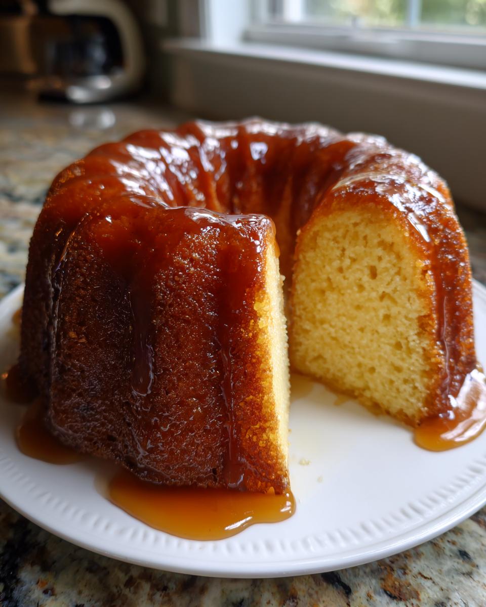 A golden, moist Bacardi Rum Cake in a bundt shape, heavily drizzled with a thick caramel glaze, with one slice cut out.