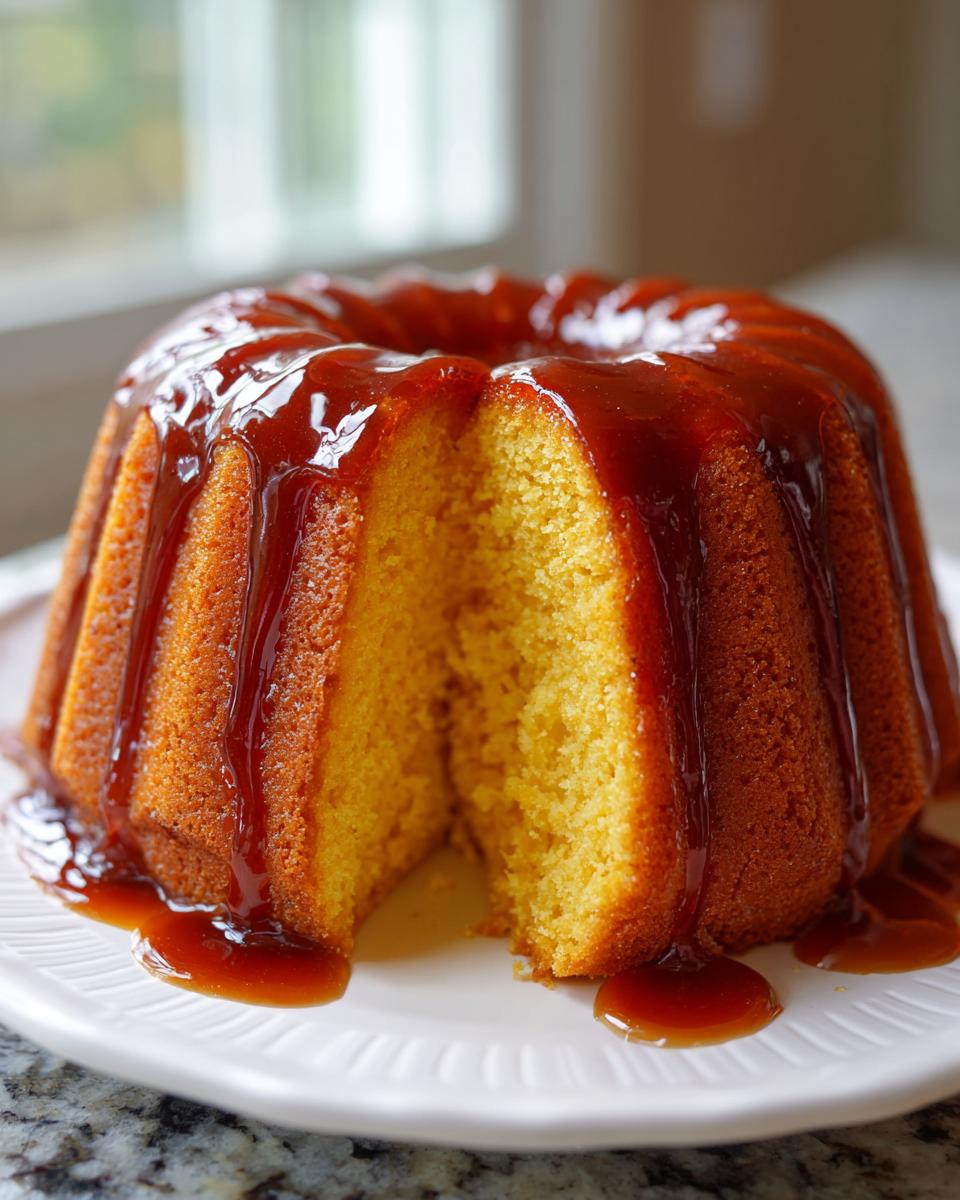 A golden yellow Bacardi Rum Cake in a bundt shape, drizzled heavily with a rich caramel glaze, with one slice removed.