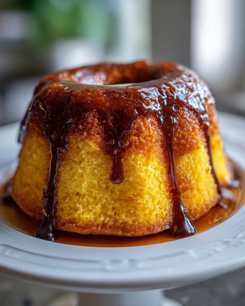 Close-up of a golden yellow Bacardi rum cake shaped like a bundt, heavily drizzled with a dark, glossy rum glaze.